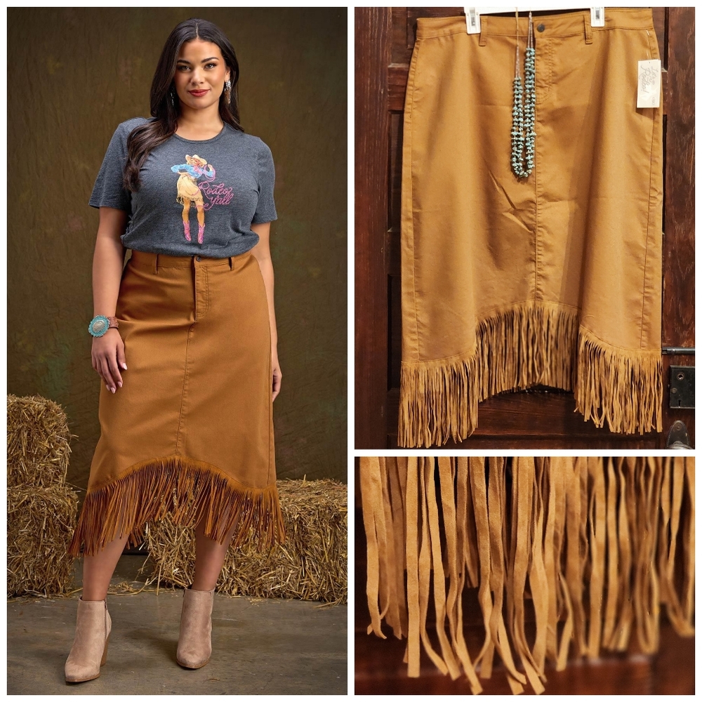 Fringe Hem Denim Midi Skirt Plus Size Tan Western Coastal Cowgirl NWT - Picture 1 of 11